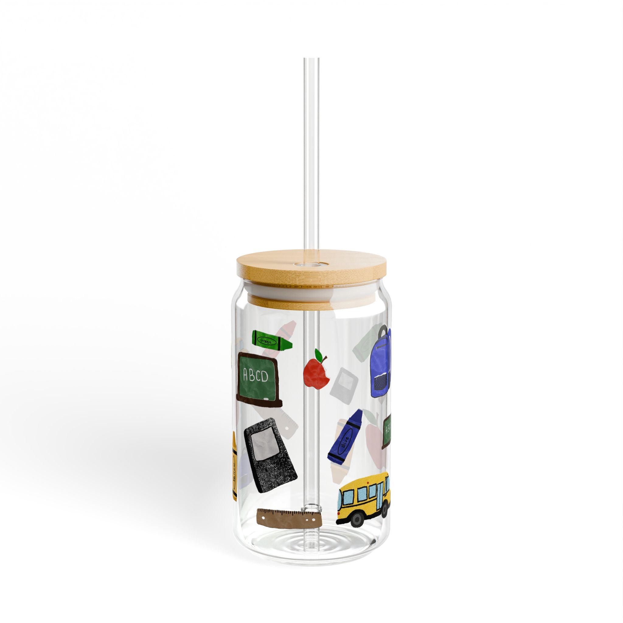 16oz School Supplies Sipper Glass — Reusable Straw Tumbler with Backpack, Bus & Chalkboard Design