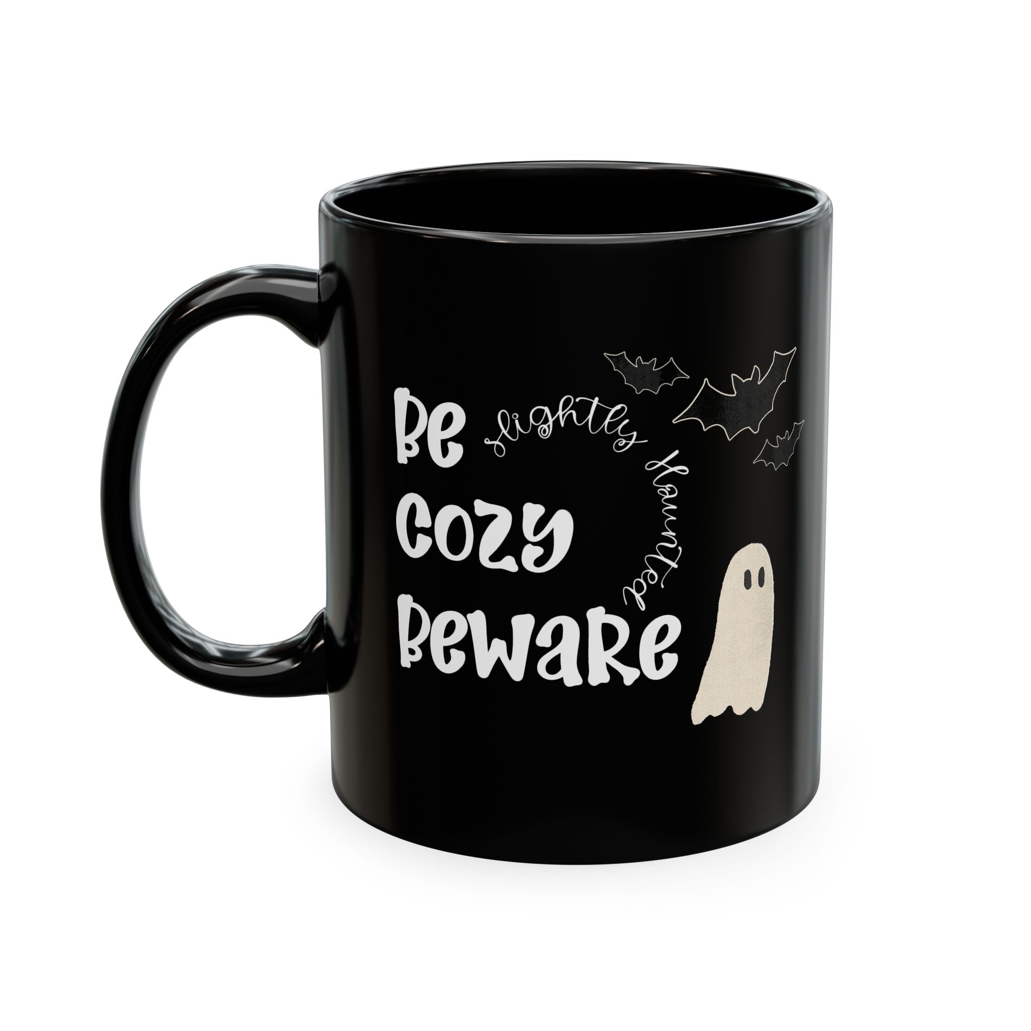 Gothic Cozy Halloween Ghost Mug – "Be Cozy, Beware" Ceramic Coffee Cup