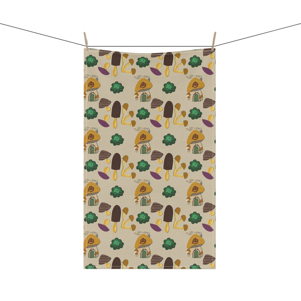 Mushroom Cottage Tea Towel — Whimsical Forest Fungi Kitchen Linen