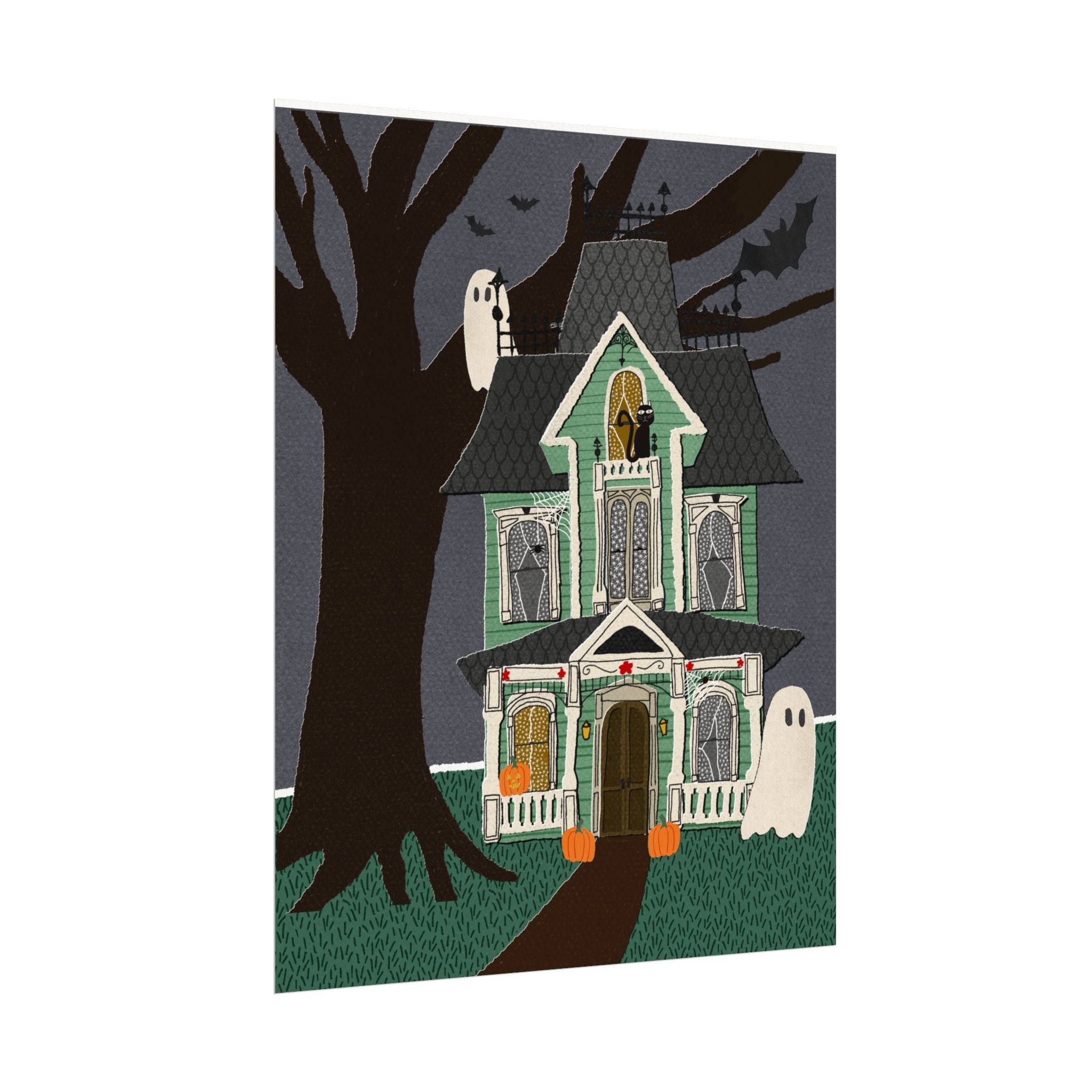 Gothic Cozy Haunted Victorian House — Textured Watercolor Matte Halloween Art