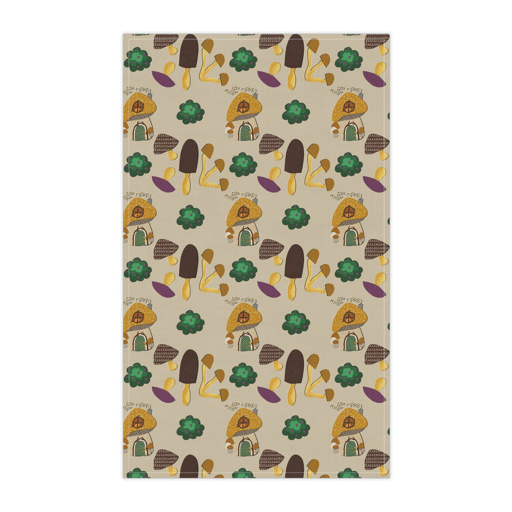 Mushroom Cottage Tea Towel — Whimsical Forest Fungi Kitchen Linen