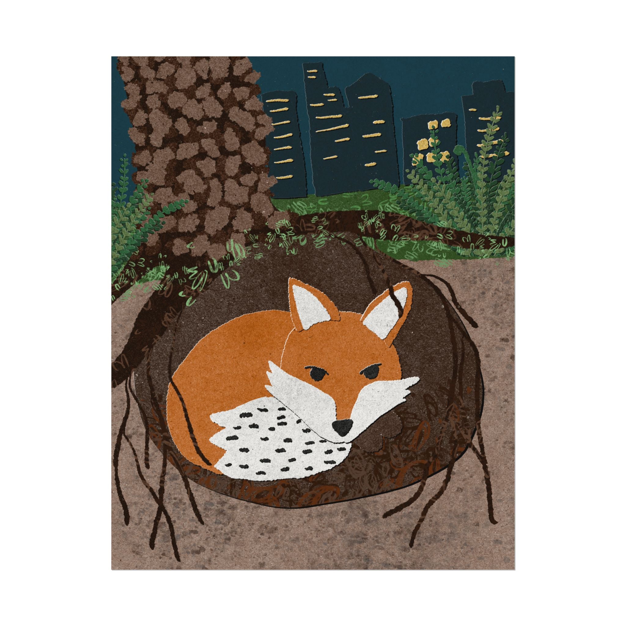 Fox in Burrow Matte Poster — Textured Woodland Wall Art