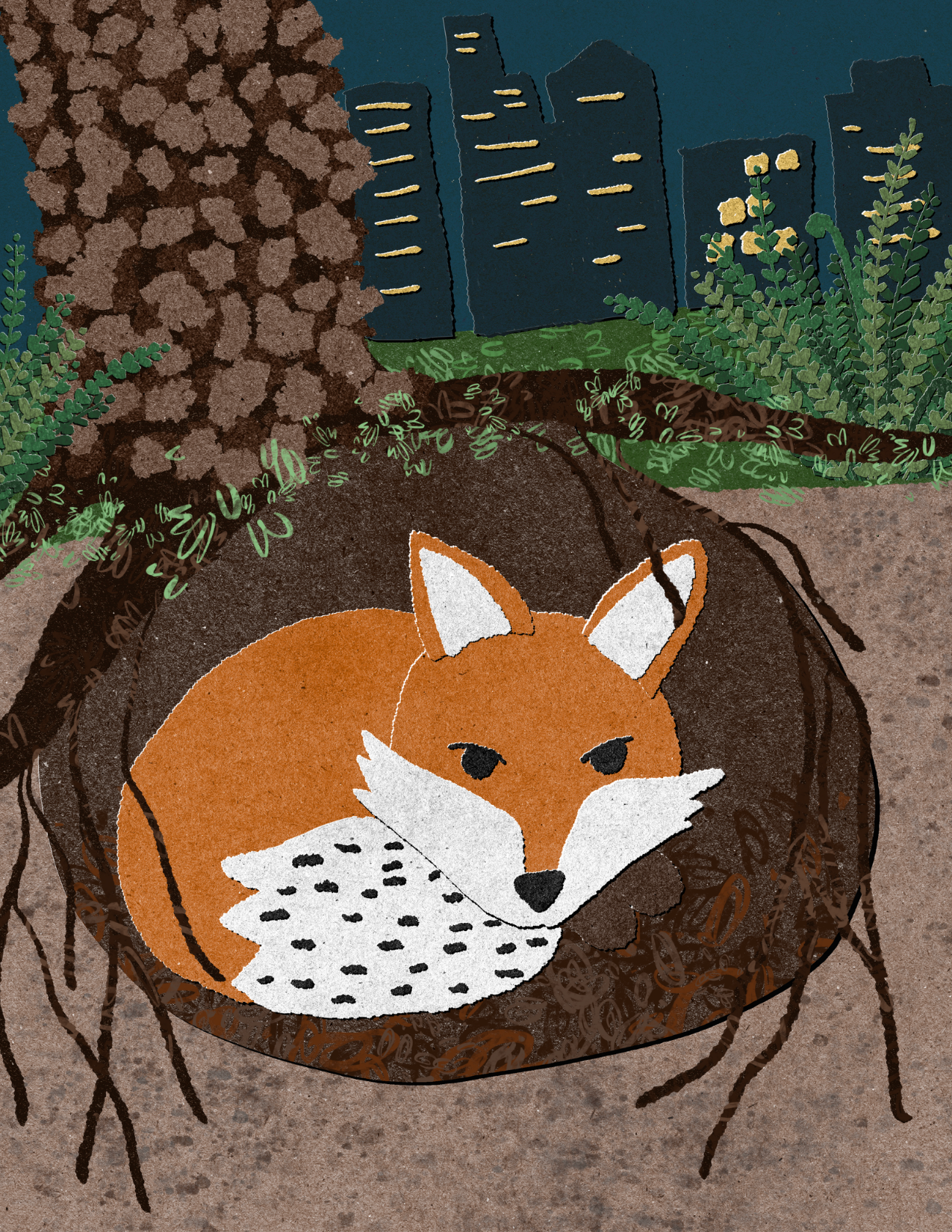 City Night Postcard │ Hand-Illustrated Woodland Evening Print │ Fox, Owl and Cardinal Art, 3 Designs