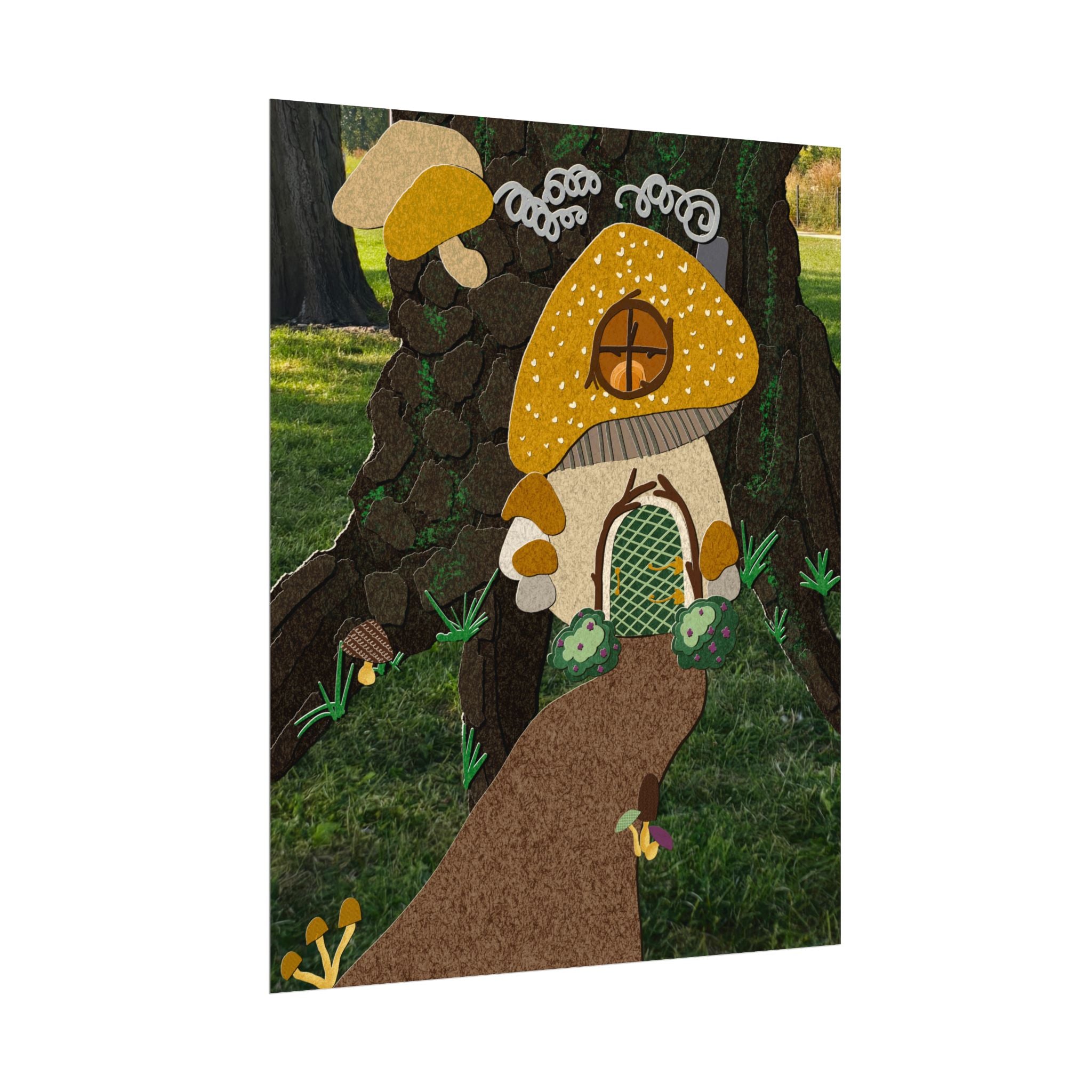 Mushroom Cottage Art Print | Whimsical Woodland Poster | Fairy House Wall Art | Cottagecore Nursery Decor | Textured Watercolor Paper Print