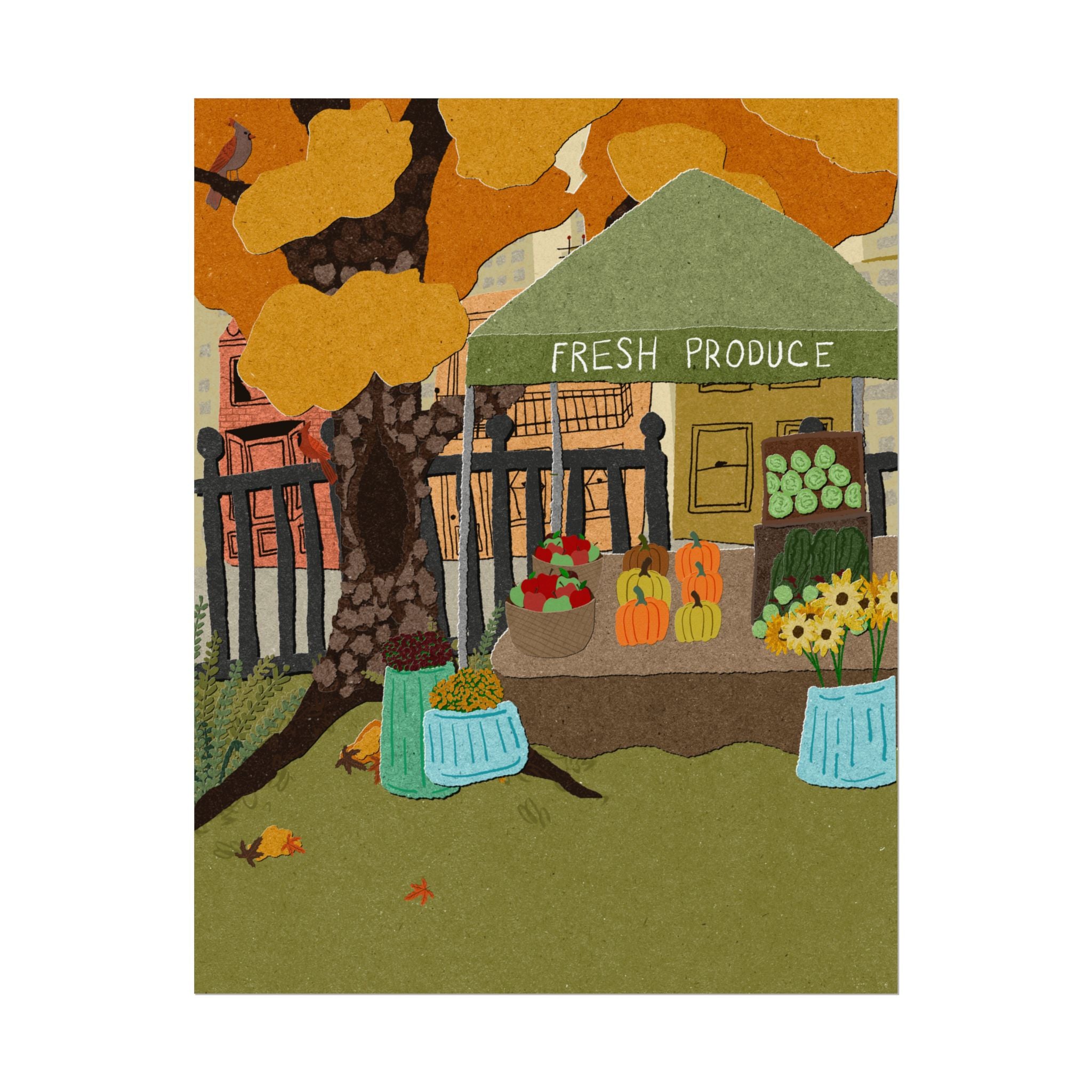 Autumn Farmers Market Poster — Textured Watercolor Matte Art