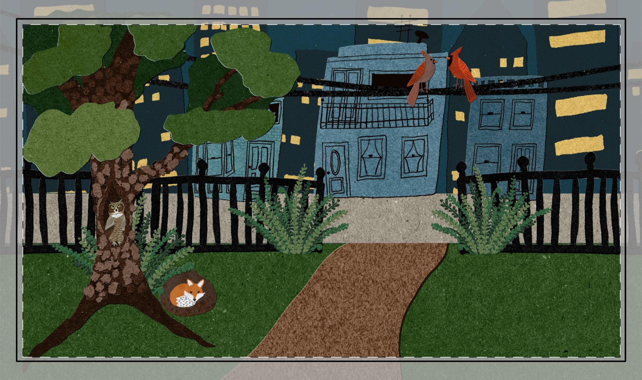 Nighttime Neighborhood Desk Mat — Cozy Urban Fox & Cardinals