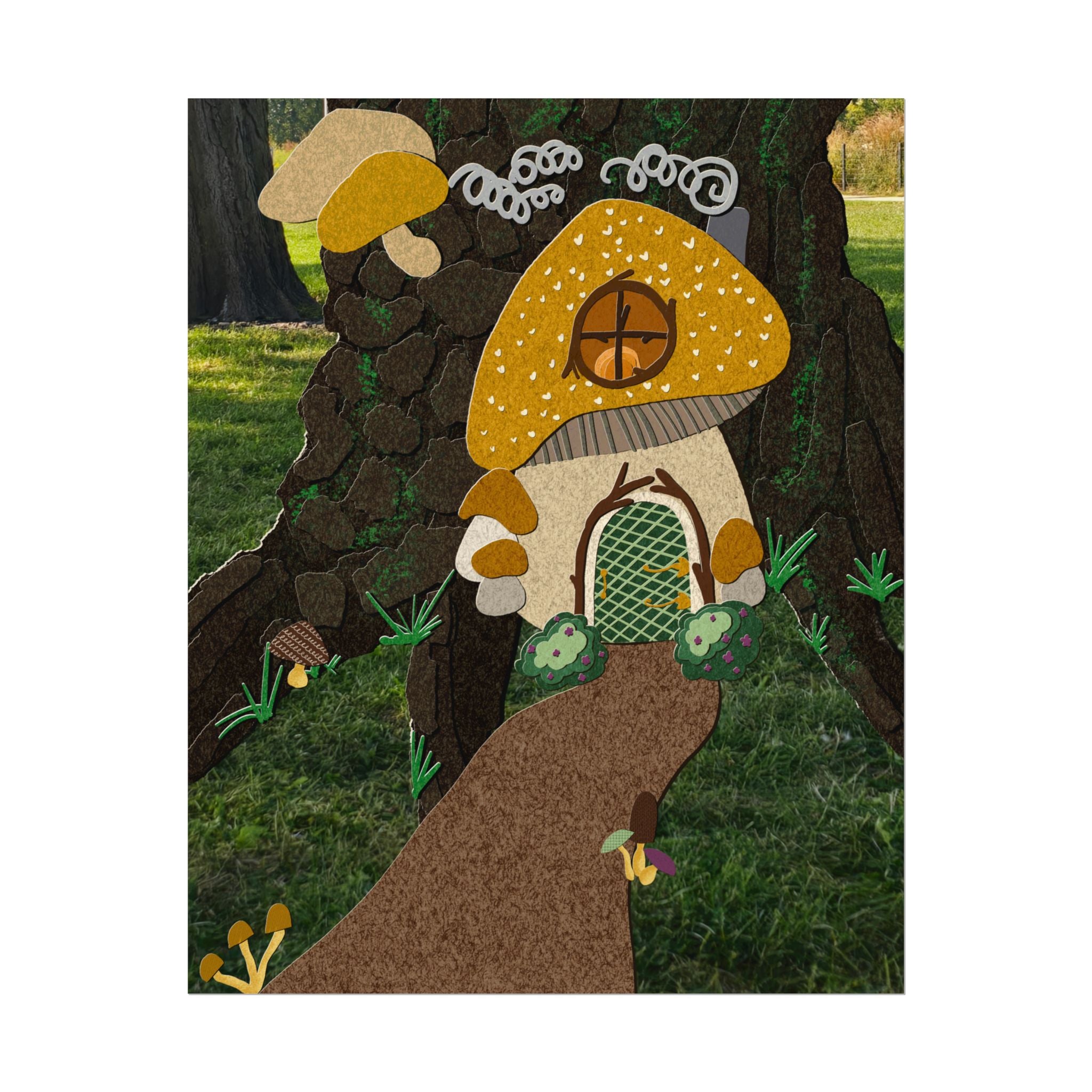 Mushroom Cottage Art Print | Whimsical Woodland Poster | Fairy House Wall Art | Cottagecore Nursery Decor | Textured Watercolor Paper Print