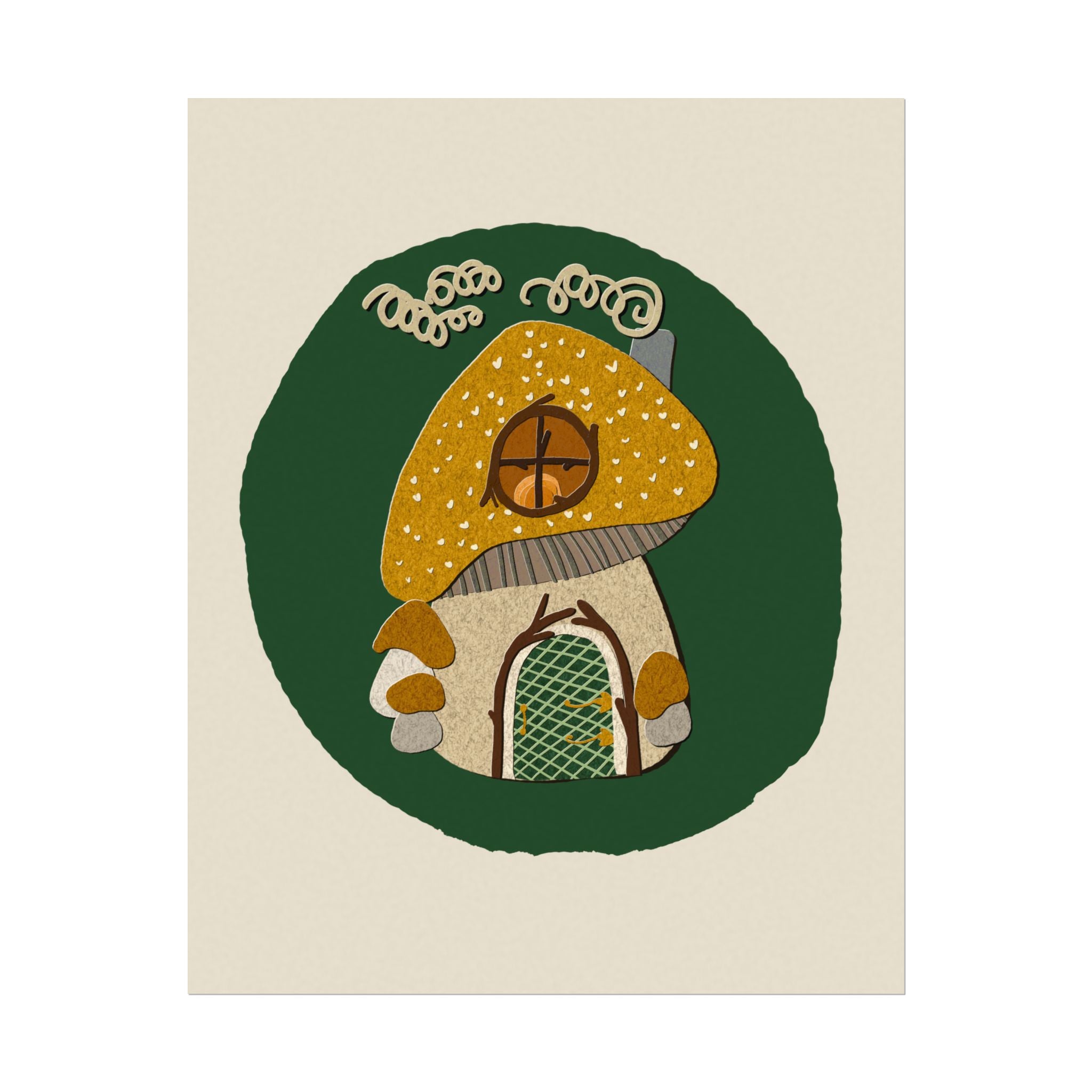 Mushroom Cottage Art Print | Whimsical Fairy House Poster | Cottagecore Wall Art | Woodland Nursery Print | Cut Paper Style Illustration