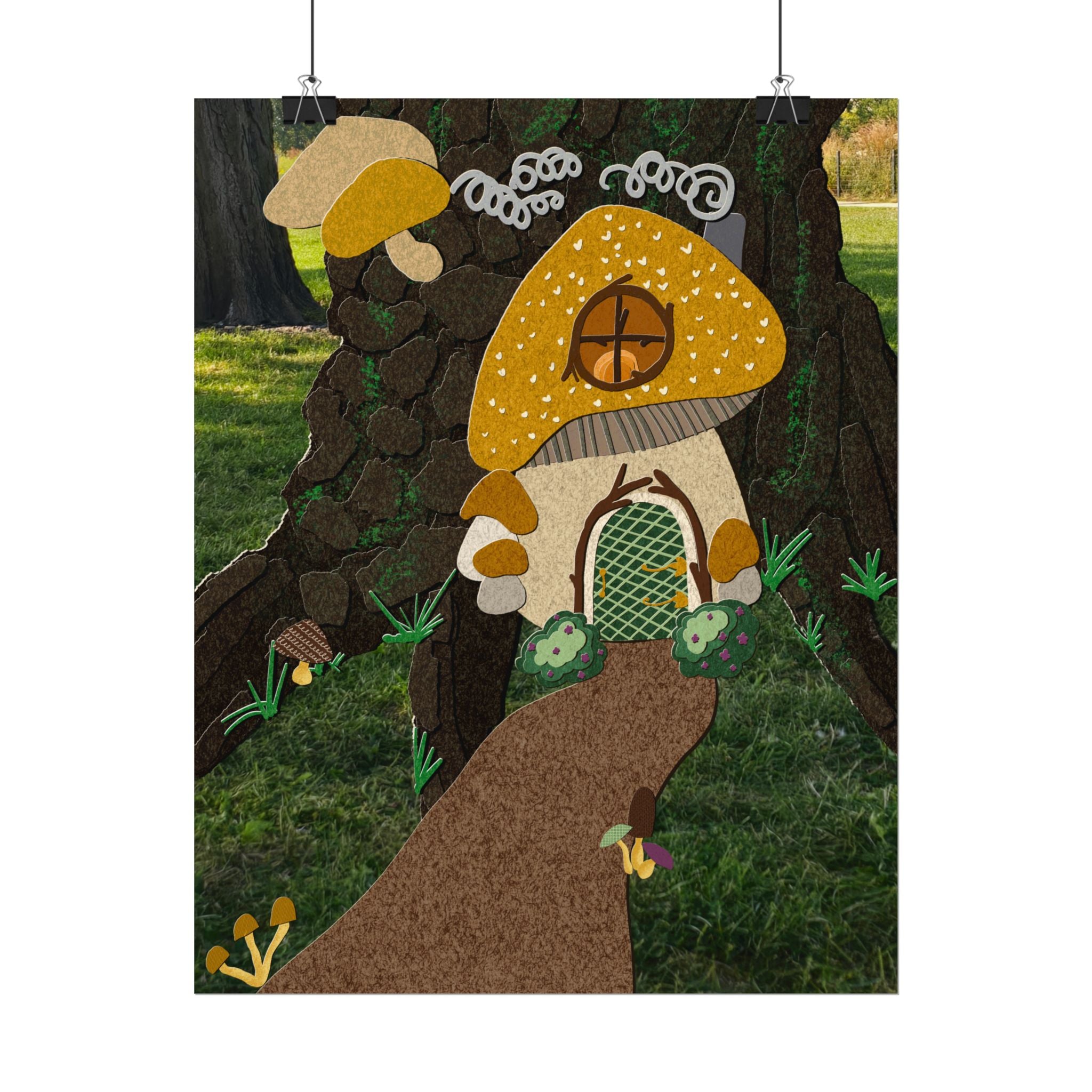Mushroom Cottage Art Print | Whimsical Woodland Poster | Fairy House Wall Art | Cottagecore Nursery Decor | Textured Watercolor Paper Print