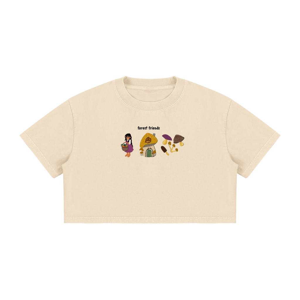 Forest Friends Crop Top — Hand-Drawn Mushroom Forager Tee (100% Cotton)