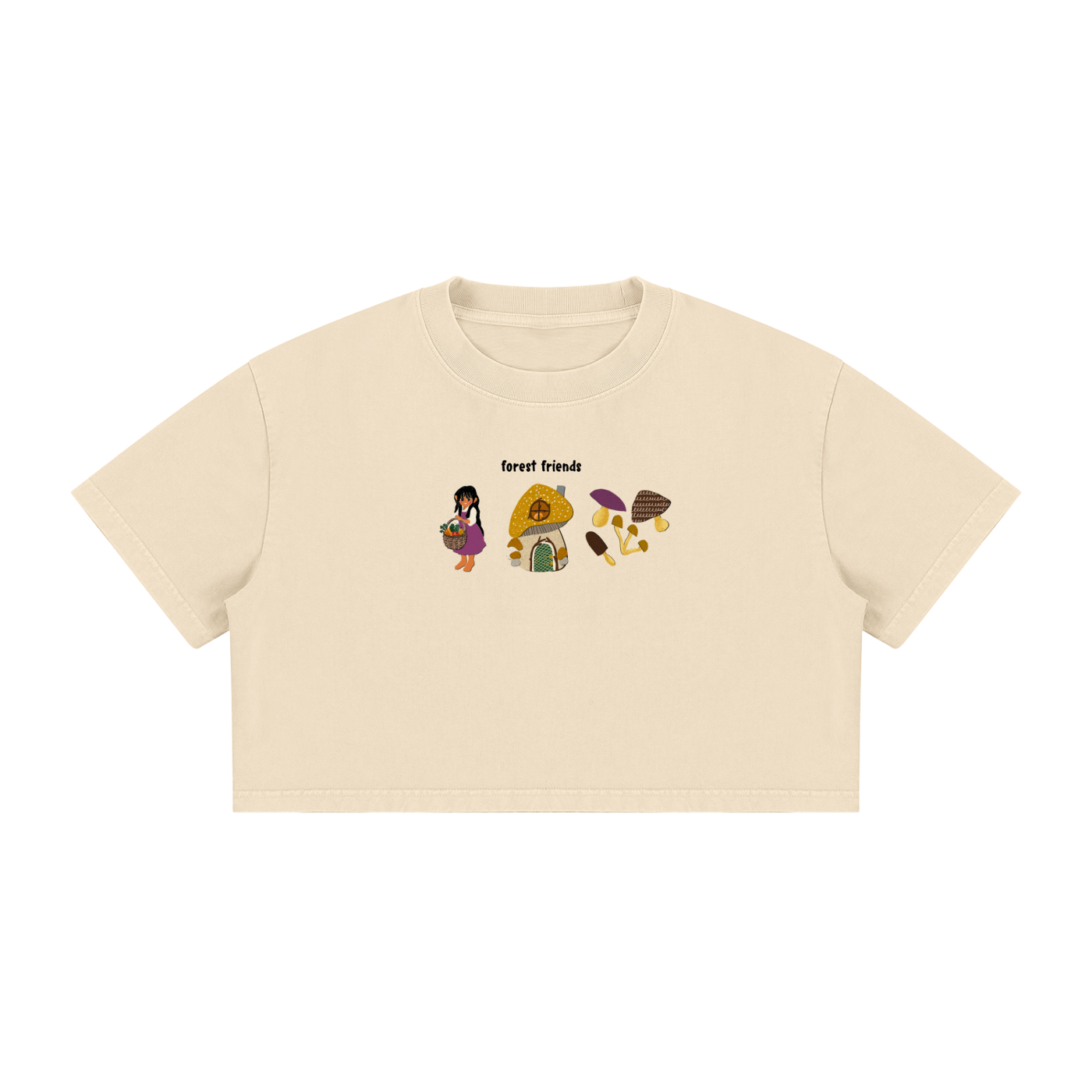 Forest Friends Crop Top — Hand-Drawn Mushroom Forager Tee (100% Cotton)