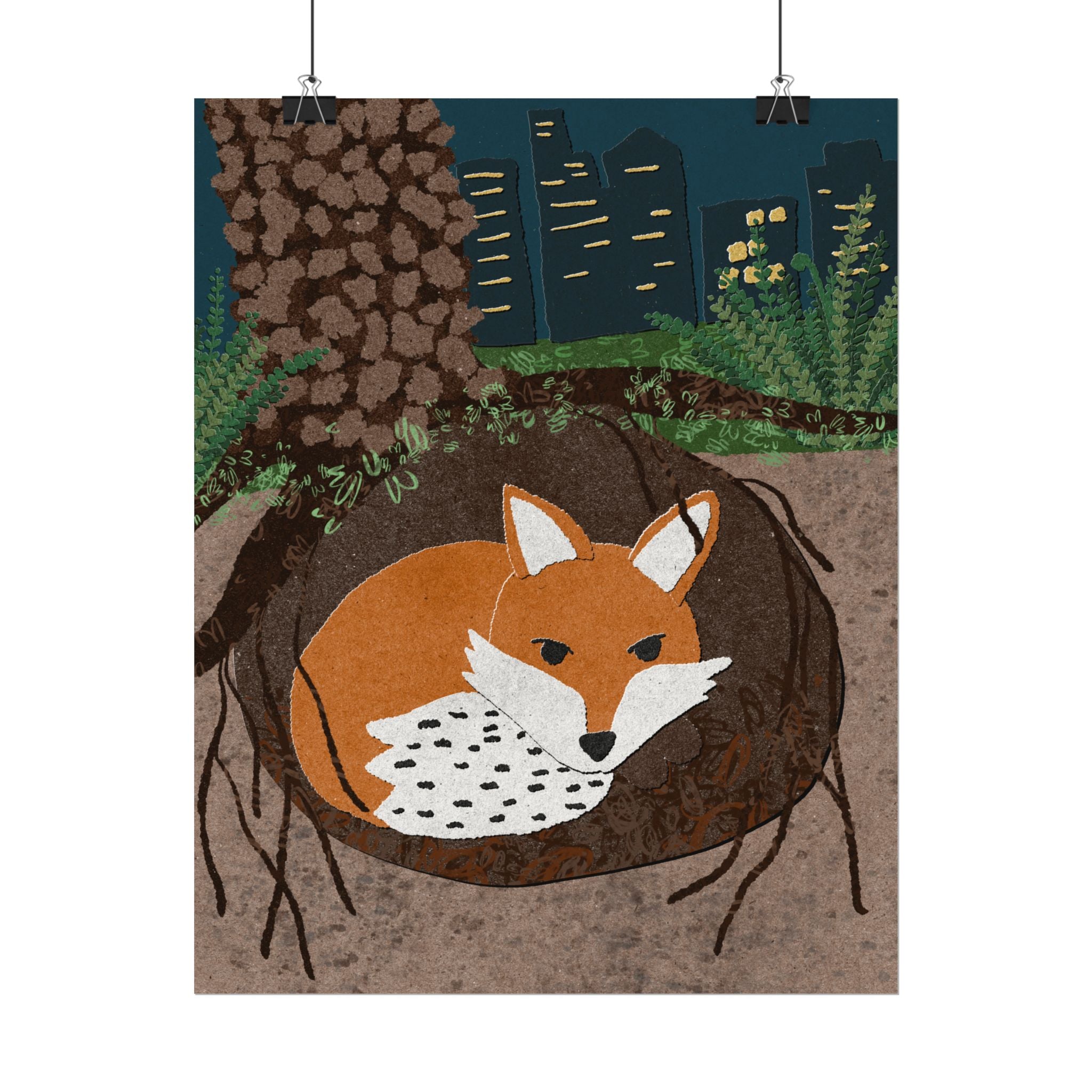Fox in Burrow Matte Poster — Textured Woodland Wall Art