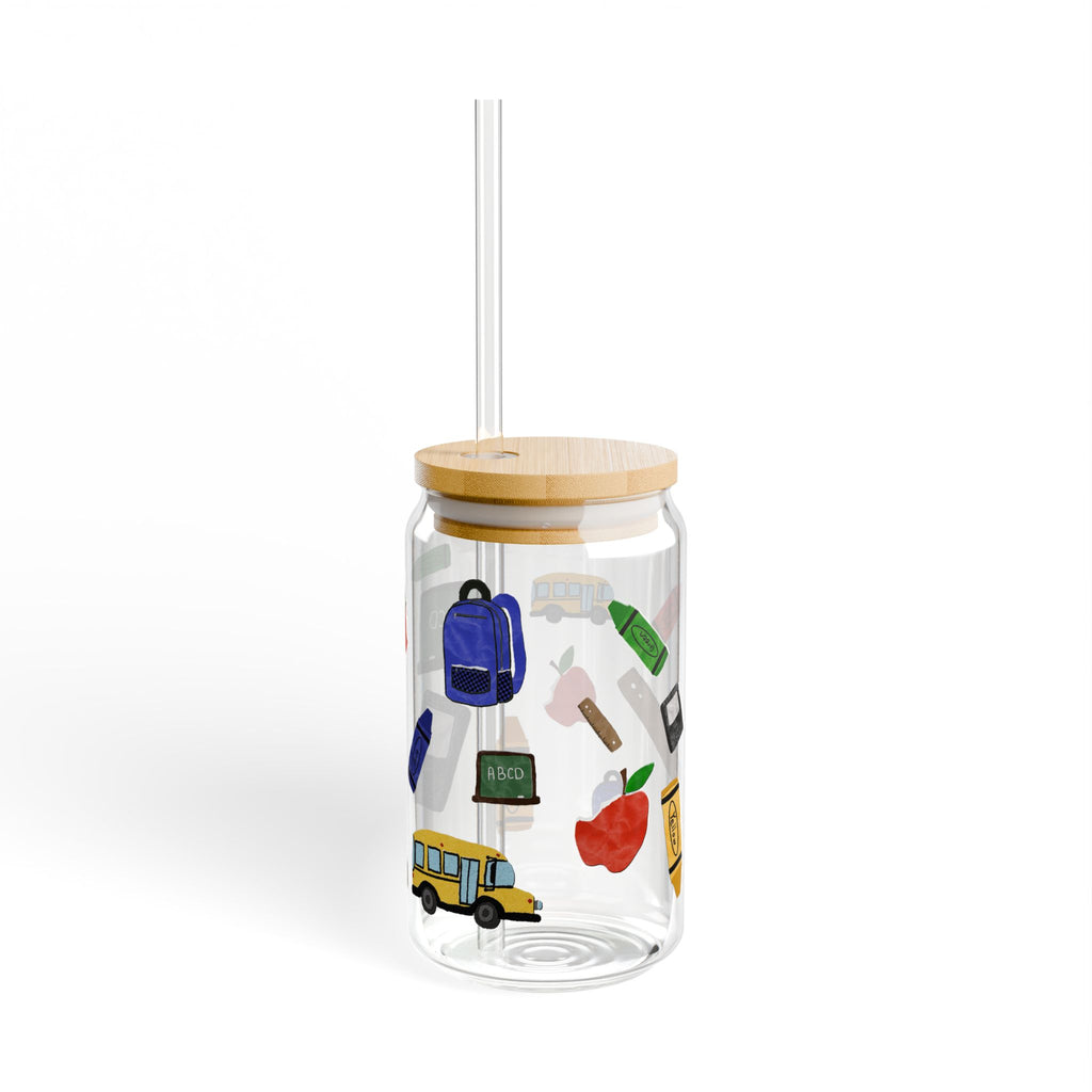 16oz School Supplies Sipper Glass — Reusable Straw Tumbler with Backpack, Bus & Chalkboard Design