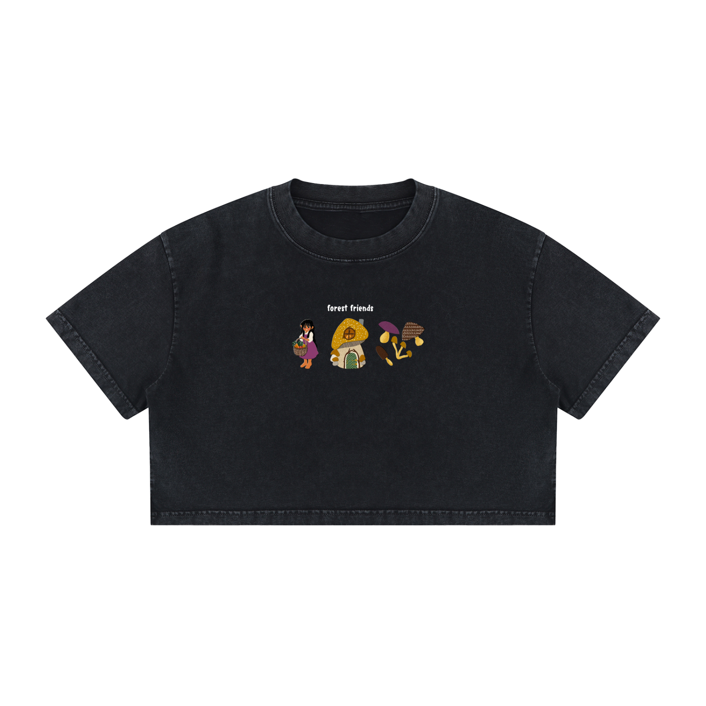 Forest Friends Crop Top — Hand-Drawn Mushroom Forager Tee (100% Cotton)