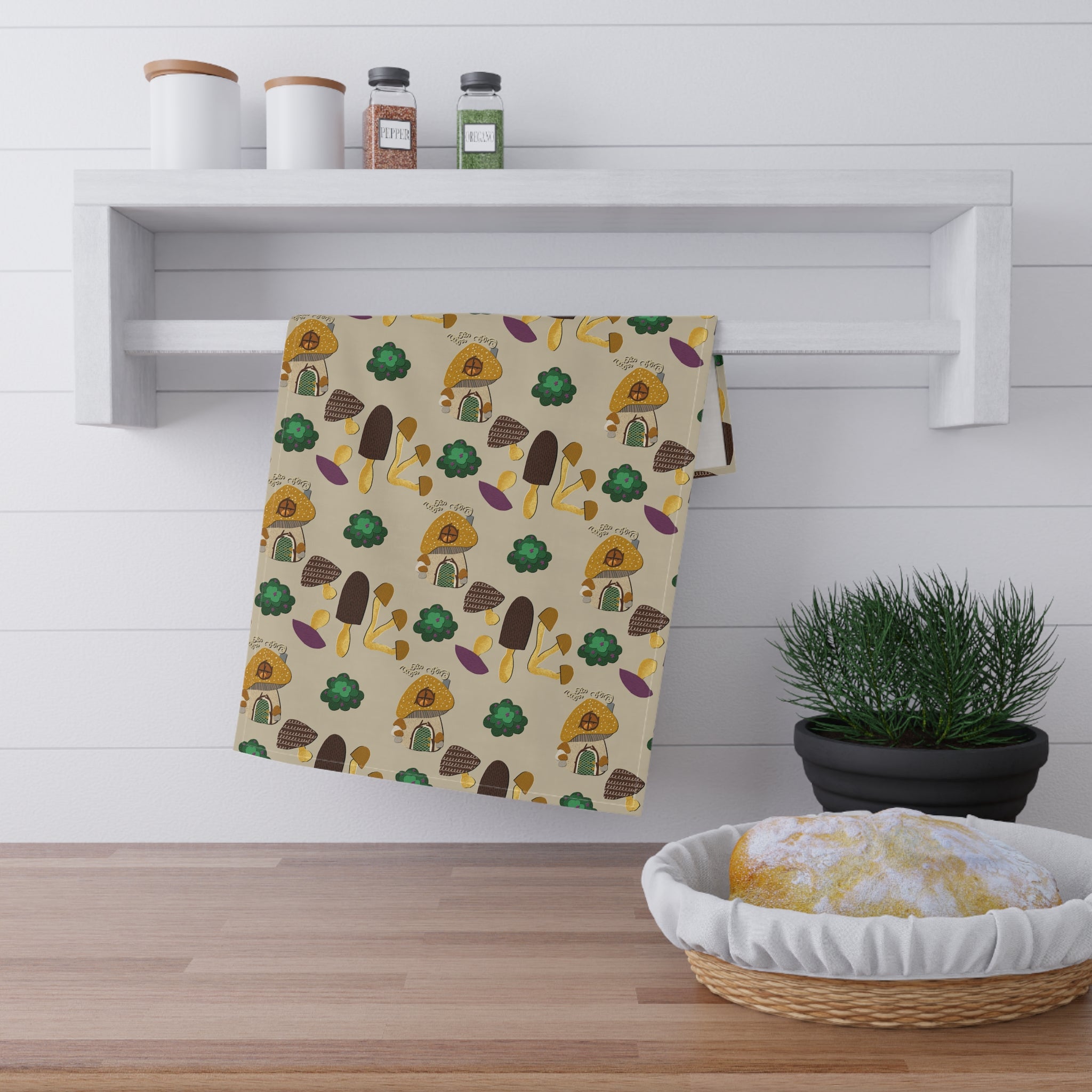 Mushroom Cottage Tea Towel — Whimsical Forest Fungi Kitchen Linen
