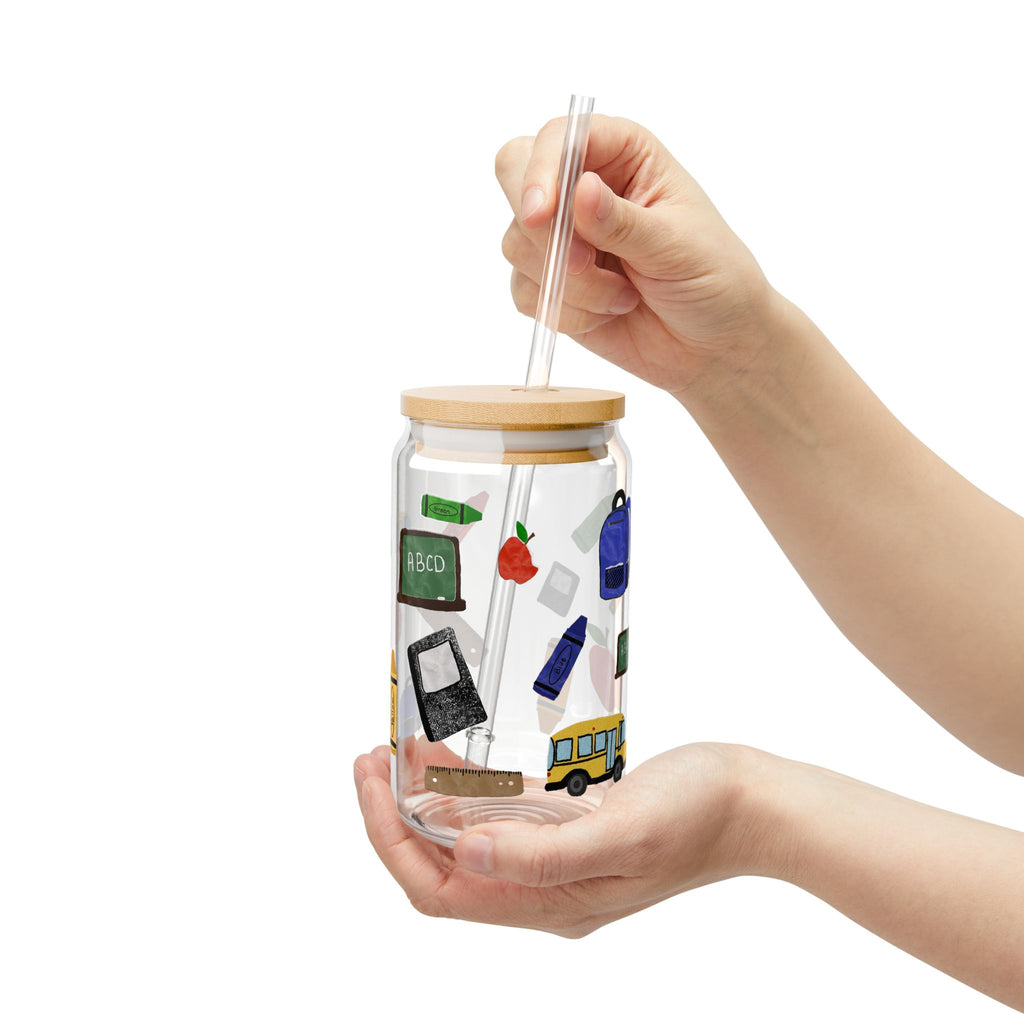 16oz School Supplies Sipper Glass — Reusable Straw Tumbler with Backpack, Bus & Chalkboard Design
