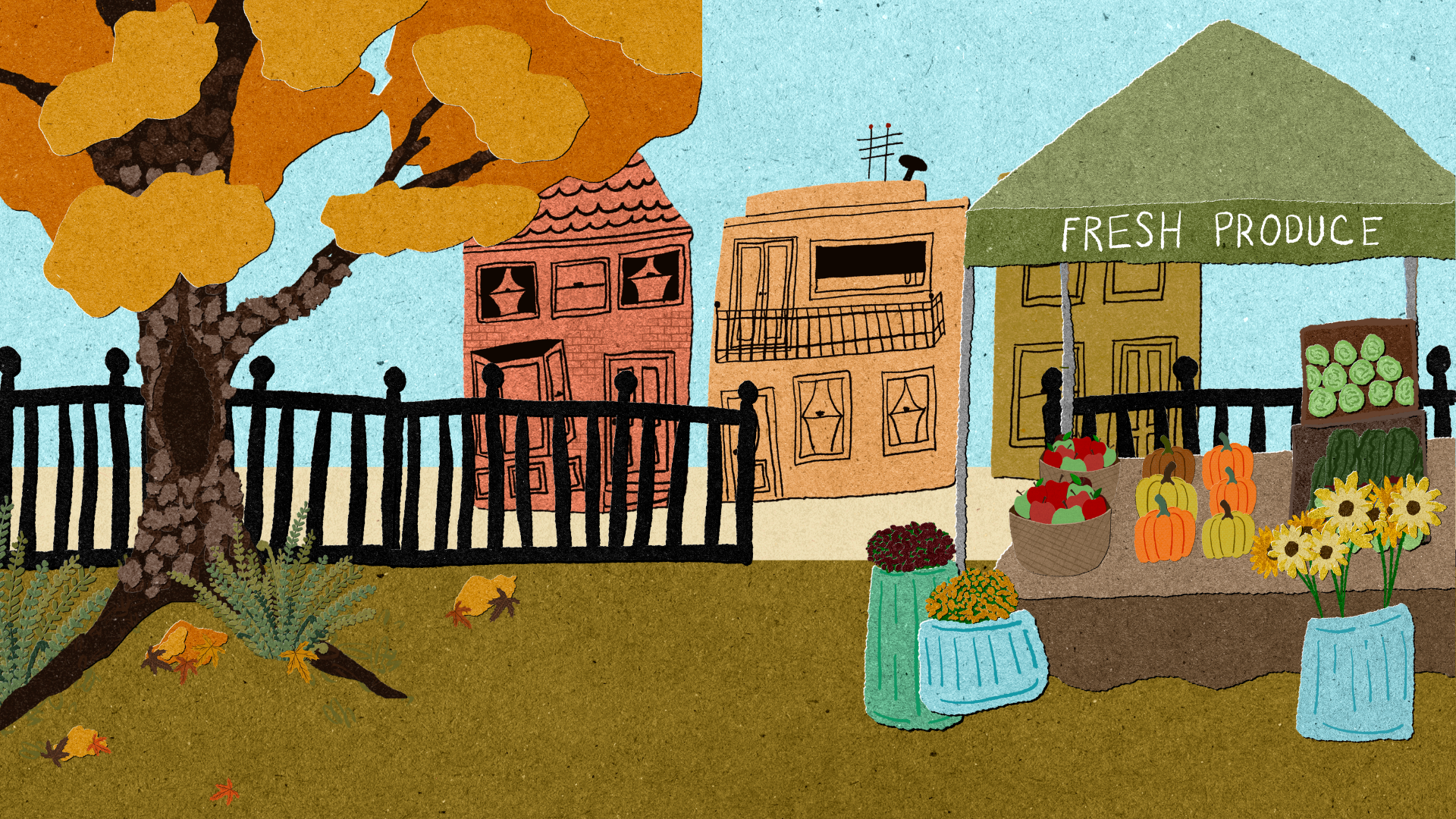 Autumn Desktop Wallpaper │ Hand-Illustrated Fall Farmers Market Scene │ Digital Download