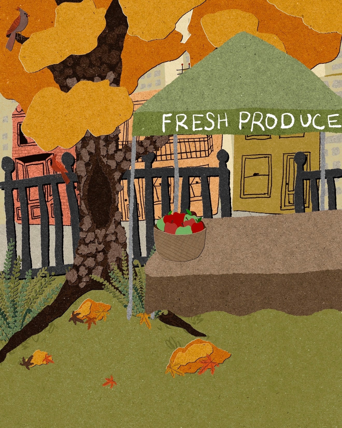 Autumn City Postcard │ Hand-Illustrated Fall Farmers Market Print │ Woodland Cardinal Art Card
