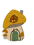 A whimsical mushroom-shaped house illustration with a golden-brown spotted cap, gray stem, cream body, green patterned door, and small gray stones, shown on a plain white background.
