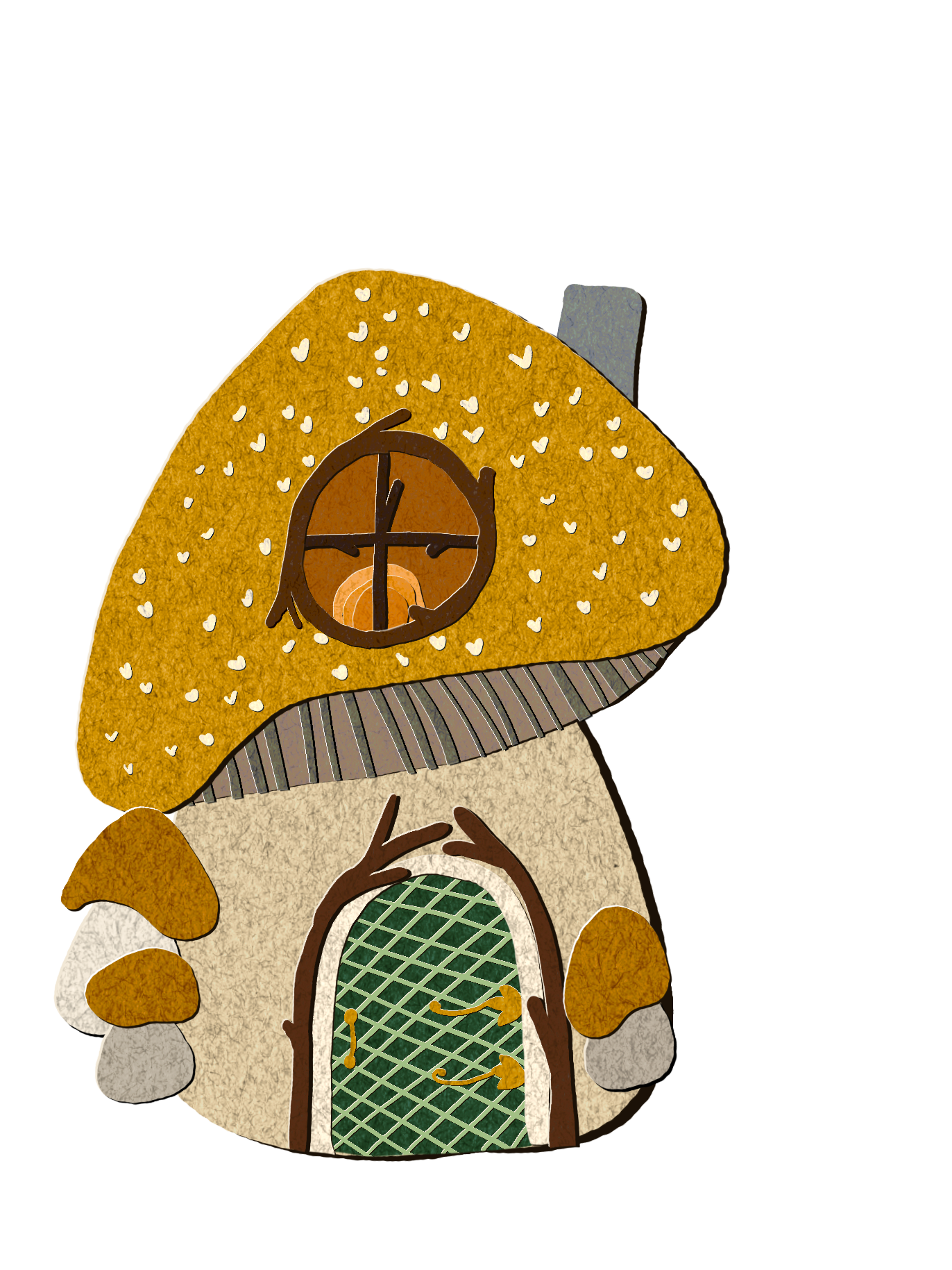 A whimsical mushroom-shaped house illustration with a golden-brown spotted cap, gray stem, cream body, green patterned door, and small gray stones, shown on a plain white background.