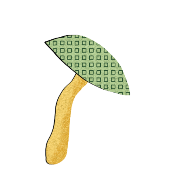 A small decorative mushroom illustration with a green patterned cap and a tan stem on a plain white background.