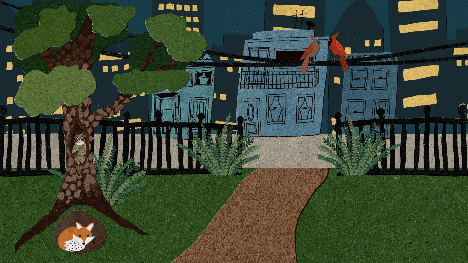 Woodland City Night Desktop Wallpaper │ Hand-Illustrated Fox & Owl Scene │ Digital Download